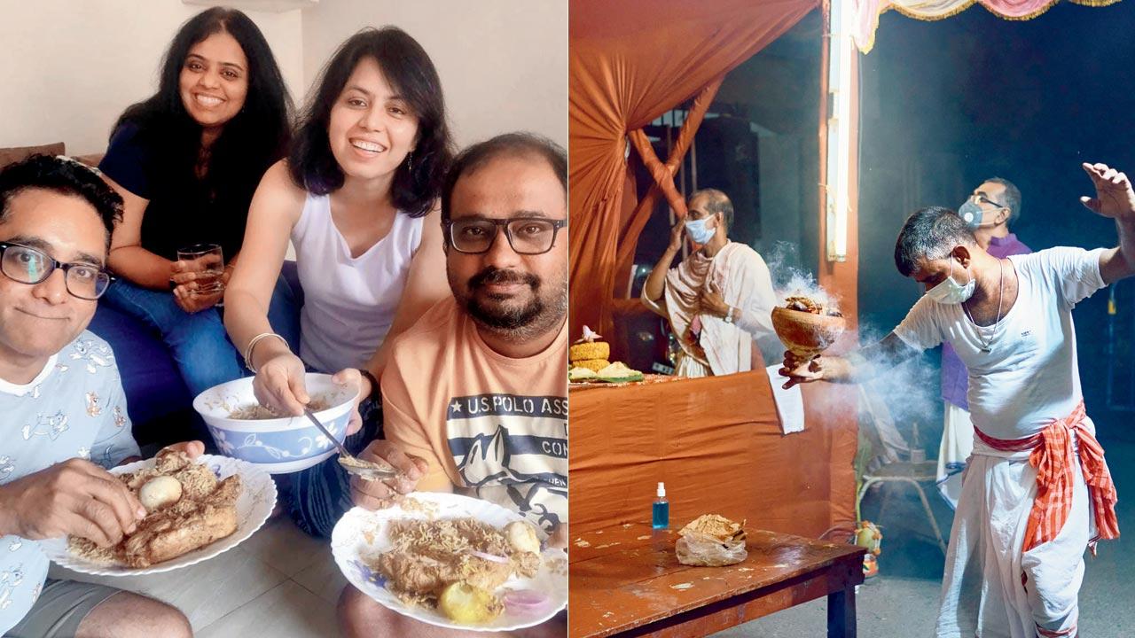 After two years, a group of Ben- gali friends meet over biryani; (right) A devotee performs dhunuchi naach after Sandhya Aarti