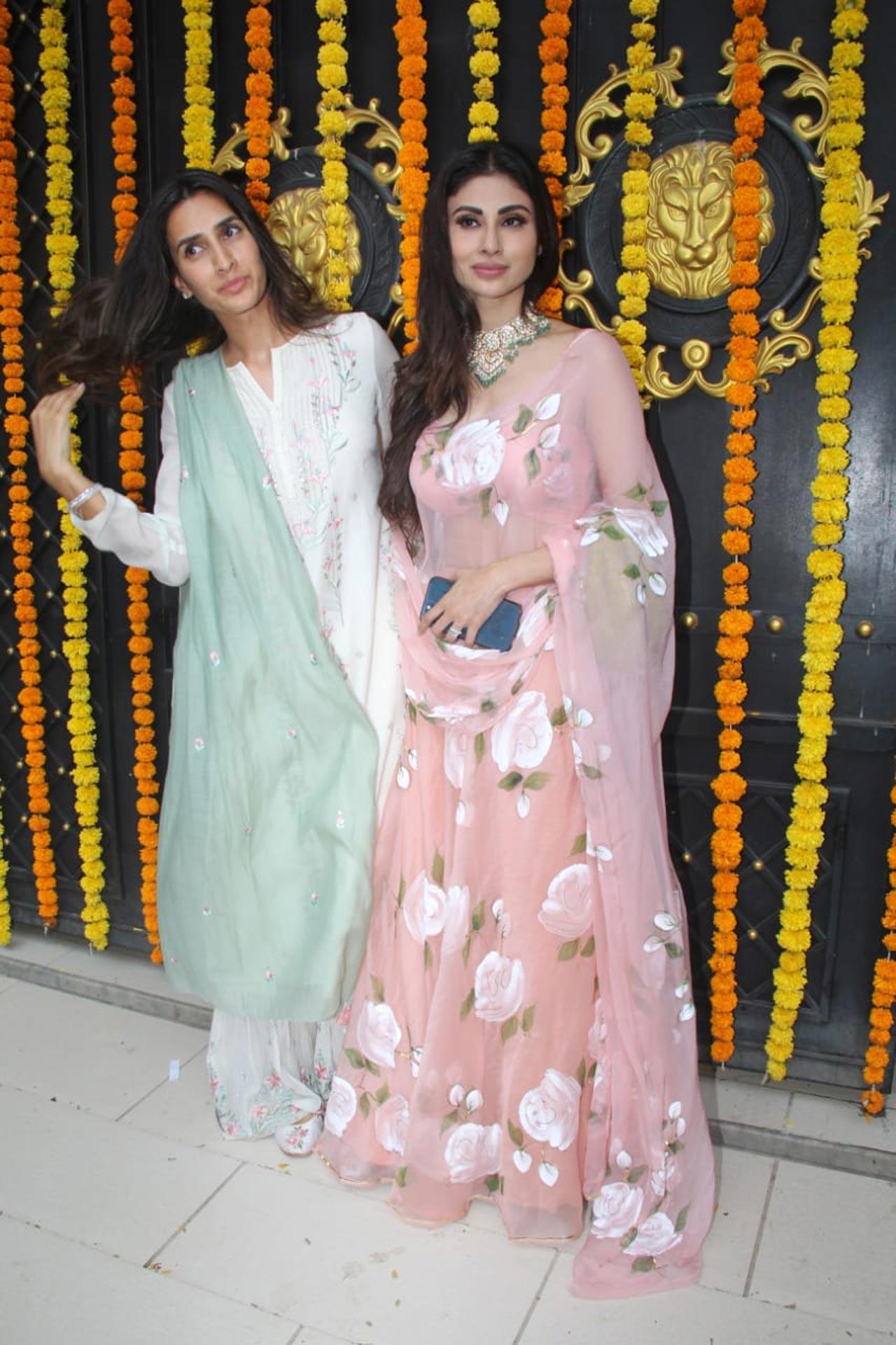 Mouni Roy opted for a pink floral lehenga as she attended Ekta Kapoor's Ganpati celebration with Pragya Kapoor