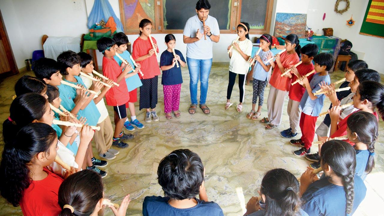 Class I students at Tridha School are taught the recorder and have to practice it at home daily, for a few minutes. Pic/Sameer Markande