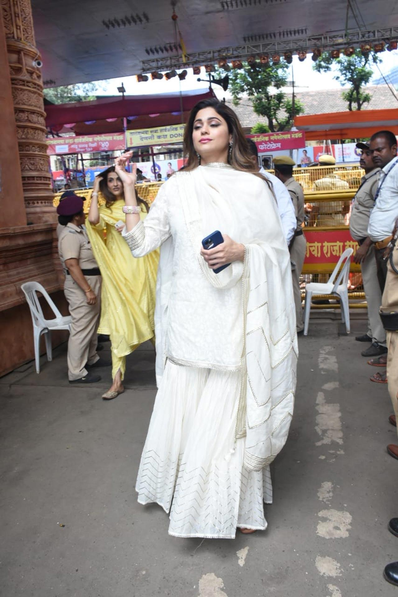 Shamita Shetty opted for a white sharara set for Lalbaugcha Raja darshan