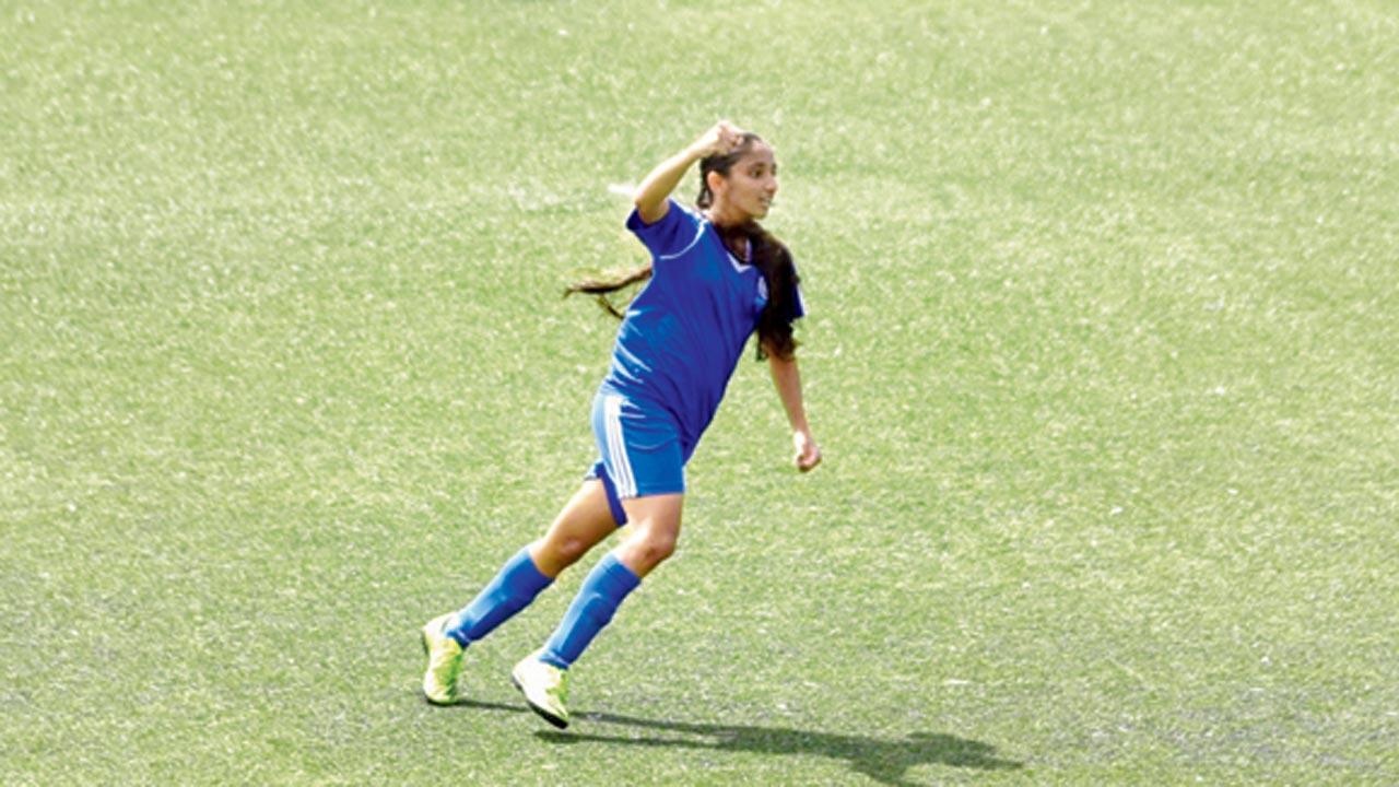 Dhirubhai Ambani International skipper Navya Dholakia celebrates scoring against Lakshdham High School in the MSSA U-16 Div-I final at Cooperage yesterday;Dhirubhai Ambani International skipper Navya Dholakia celebrates scoring against Lakshdham High School in the MSSA U-16 Div-I final at Cooperage yesterday;