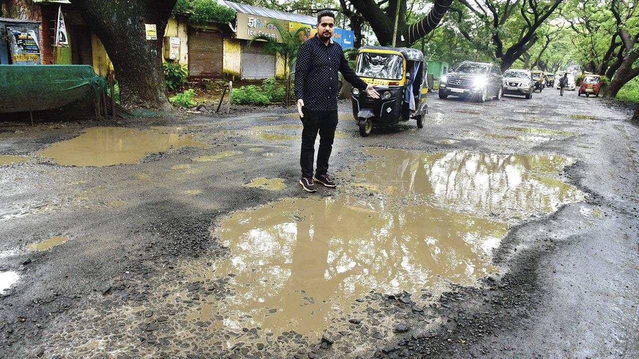 One of around 19 potholes in the Panchavati Fast food Junction area