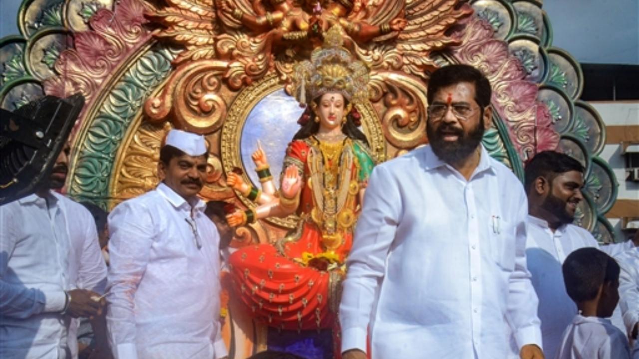 Chief Minister Eknath Shinde during a procession of Goddess Durga on the first day of Navratri, in Thane