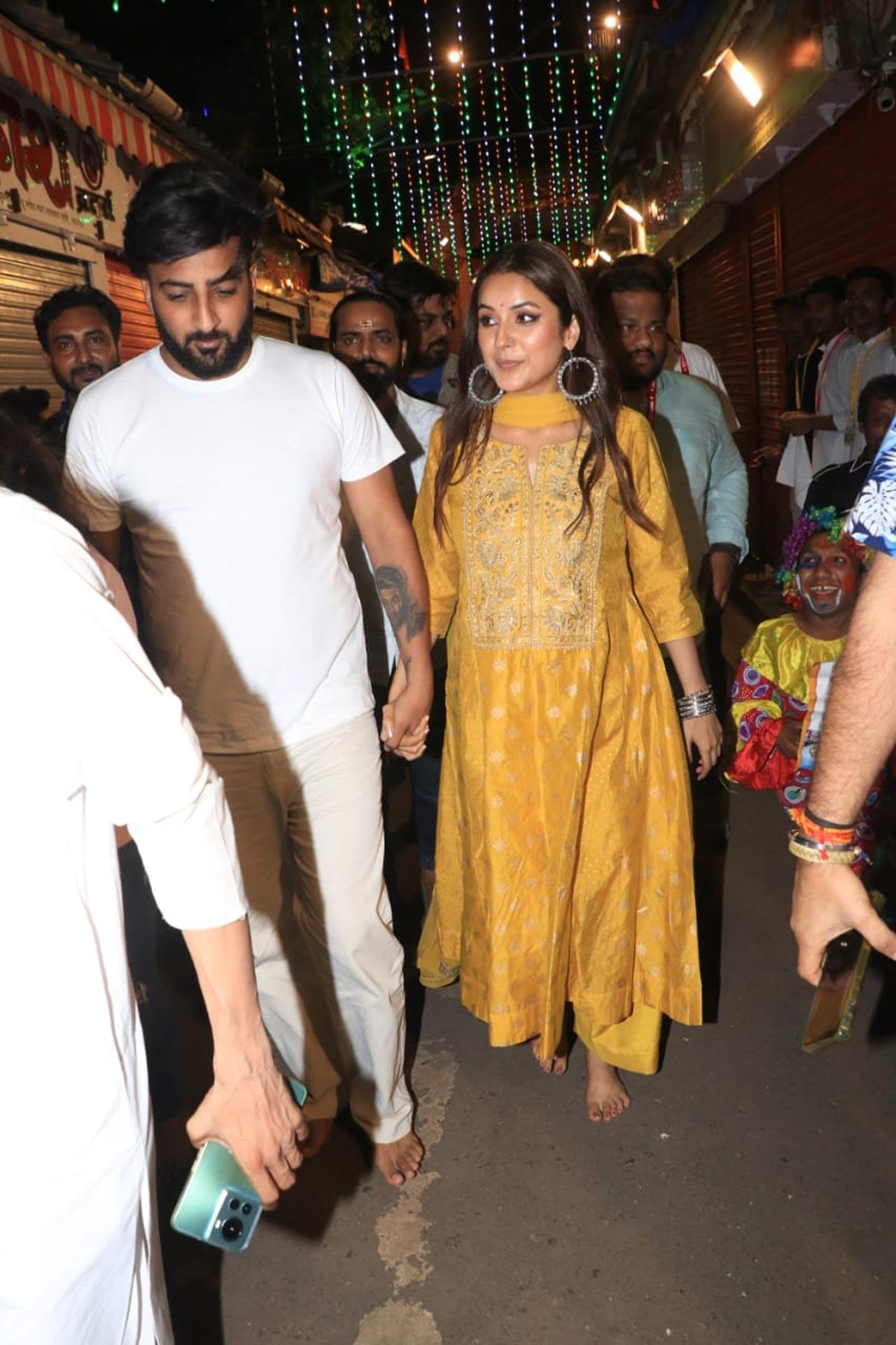 Shehnaaz Gill opted for a pretty Anarkali outfit as she visited Bappa