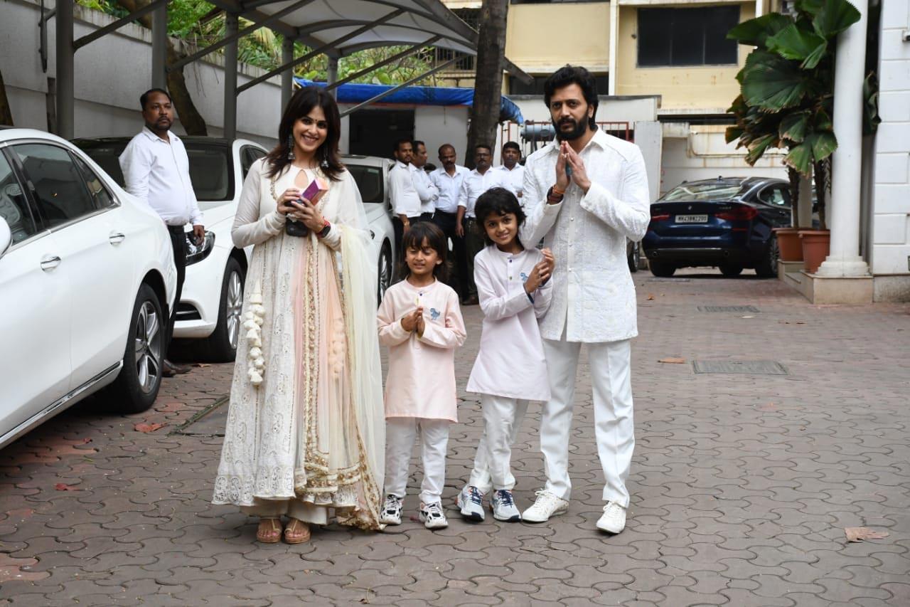 Deshmukh family - Genelia, Riteish, Raahyl and Riaan posed for the shutterbugs as they attended Shilpa Shetty's Ganpati celebration