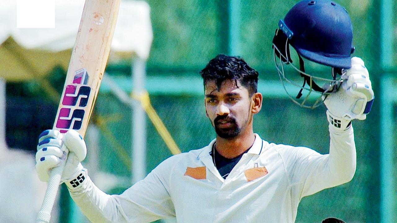 South Zone’s Baba Indrajith celebrates his 100 yesterday. Pic/BCCI