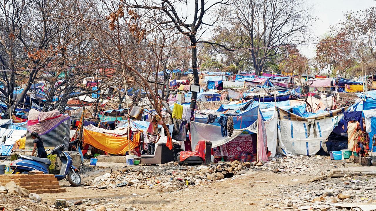 Makeshift shelters that have come up on the site of gutted houses at Appa Pada on Friday