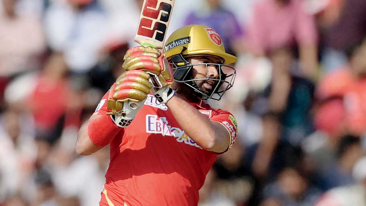Bhanuka Rajapaksa en route his 50 on Saturday. Pic/AFP
