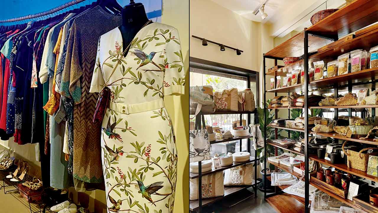 Donated clothes and products by NGOs (right) on sale