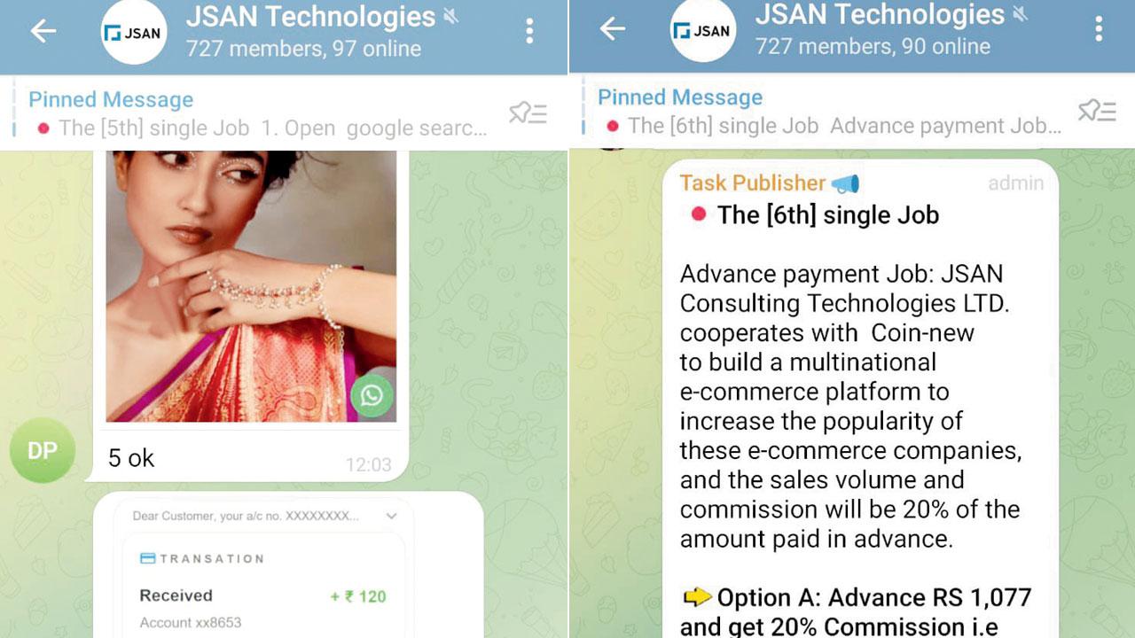 Messages shared by members of the JSAN Technologies group; (right) this reporter transferred Rs 1,077 to the fraudsters as part of a task