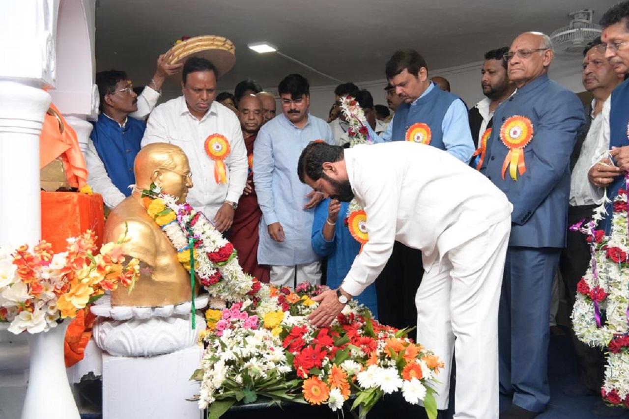 Maharashtra CM Eknath Shinde, Deputy Chief Minister Devendra Fadnavis and Governor Ramesh Bais visited Chaitya Bhoomi, the memorial of the chief architect of India's Constitution at Dadar in central Mumbai, and paid tributes