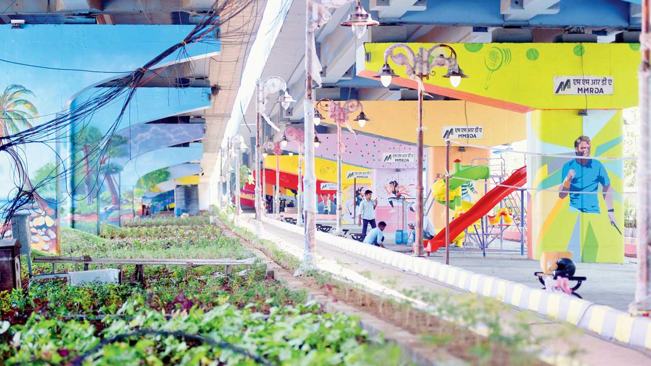 A beautified space beneath a flyover on the Eastern Express Highway in Ghatkopar