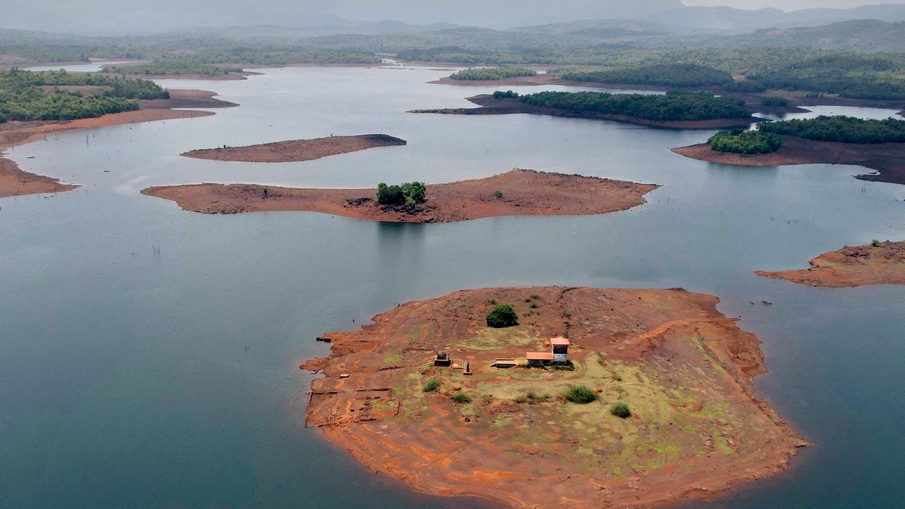 An aerial view of the partially submerged village of Curdi, as visible during  the months of April and May 