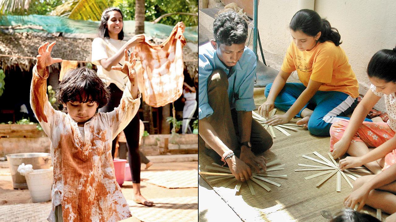 Tie-and-dye parties (left) include natural colours; the workshops promote crafts taught by local artisans