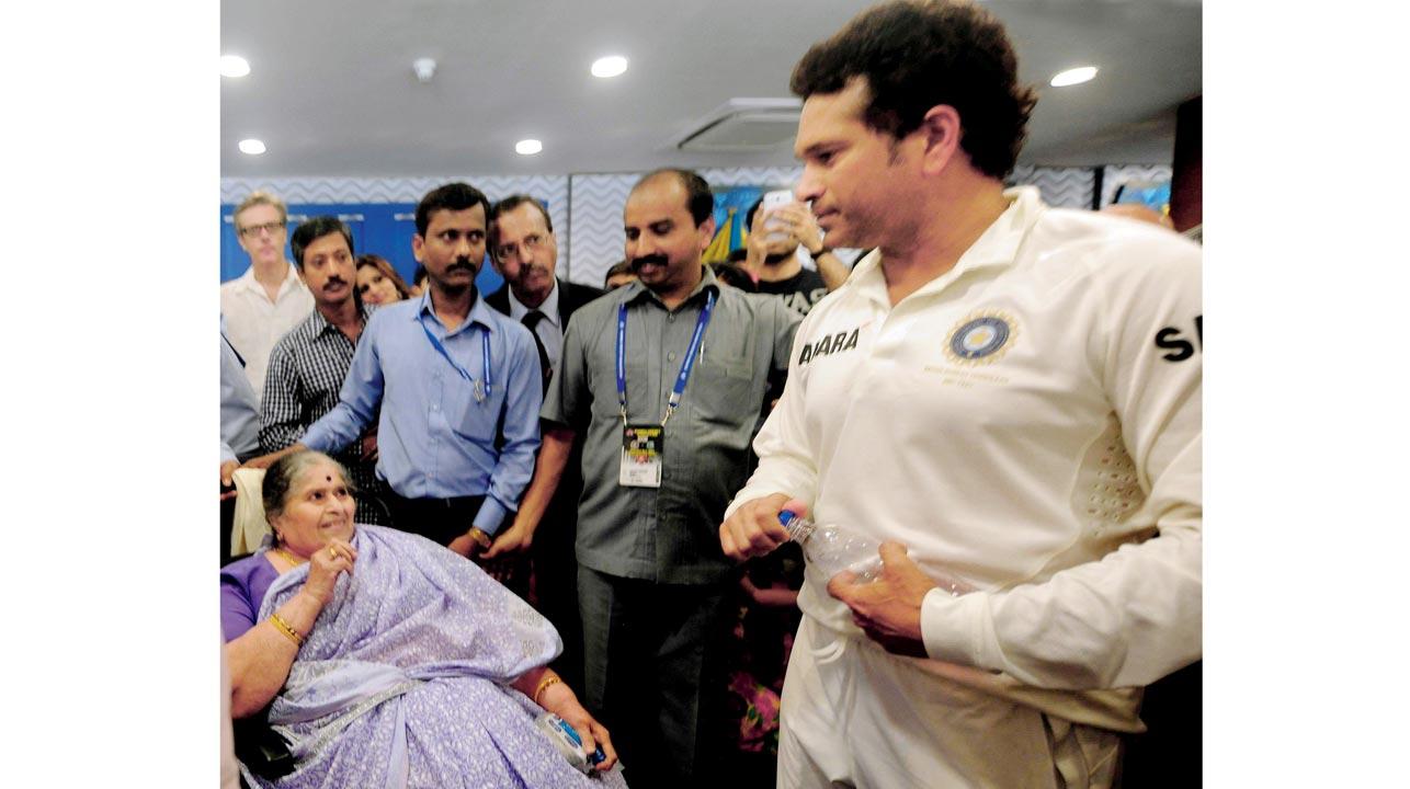 Sachin Tendulkar with his mother Rajni during his  farewell Test match against the West Indies at Wankhede Stadium in 2013. Pic/Prakash Parsekar