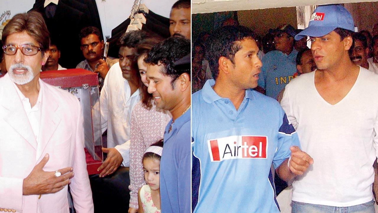  Sachin Tendulkar at a promotional event with actor Amitabh Bachchan in 2003; (right) Sachin with actor Shah Rukh Khan during a benefit match at the Wankhede Stadium the same year