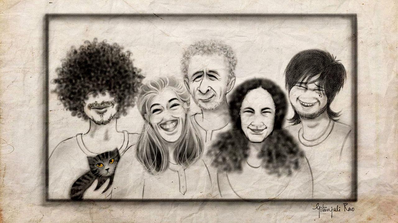 (From left) Imaad with Buddhu the cat, Ratna Pathak, Naseeruddin, Heeba and Vivaan Shah. Pic Courtesy/Gitanjali Rao