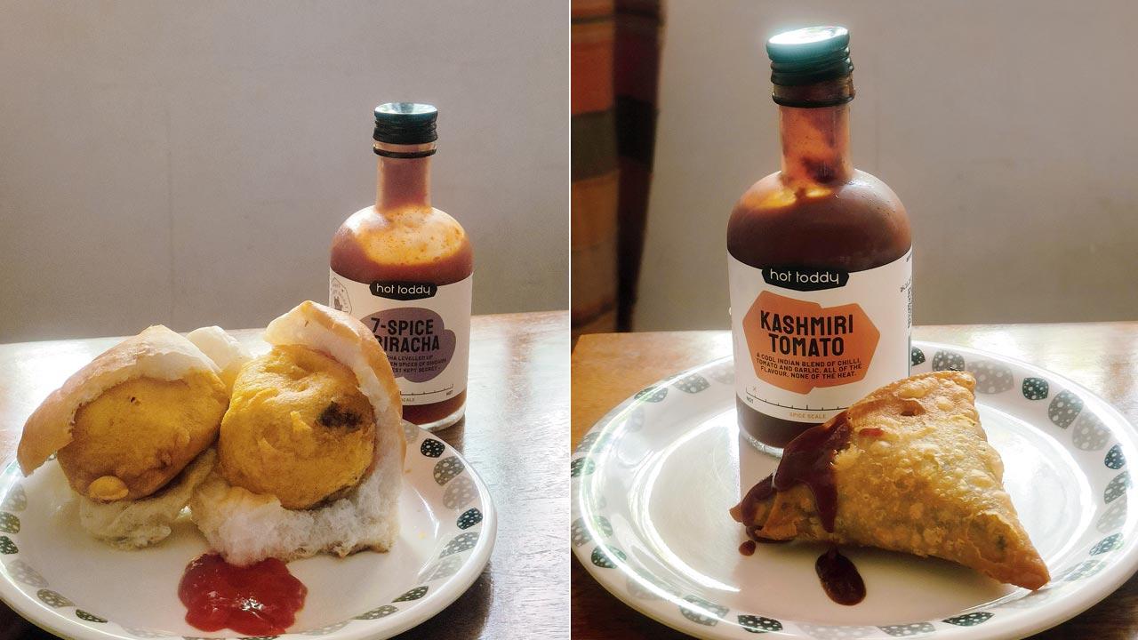 Vada pav with sriracha sauce; (right) samosa with Kashmiri chilli tomato sauce