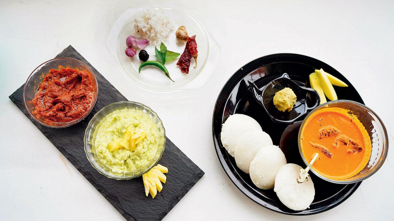 Keralities use pineapple, mangoes and passion fruit in chutneys and chammanthis. Seen here are pineapple chammanthi, mango chutney and puli chammanthi