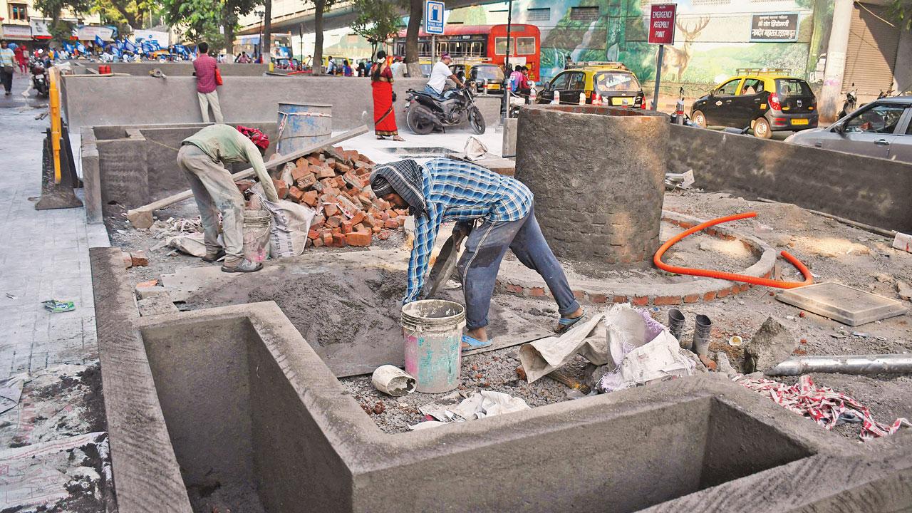 The mini-garden being built outside the F South ward office in Parel, on Sunday. Pic/Ashish Raje