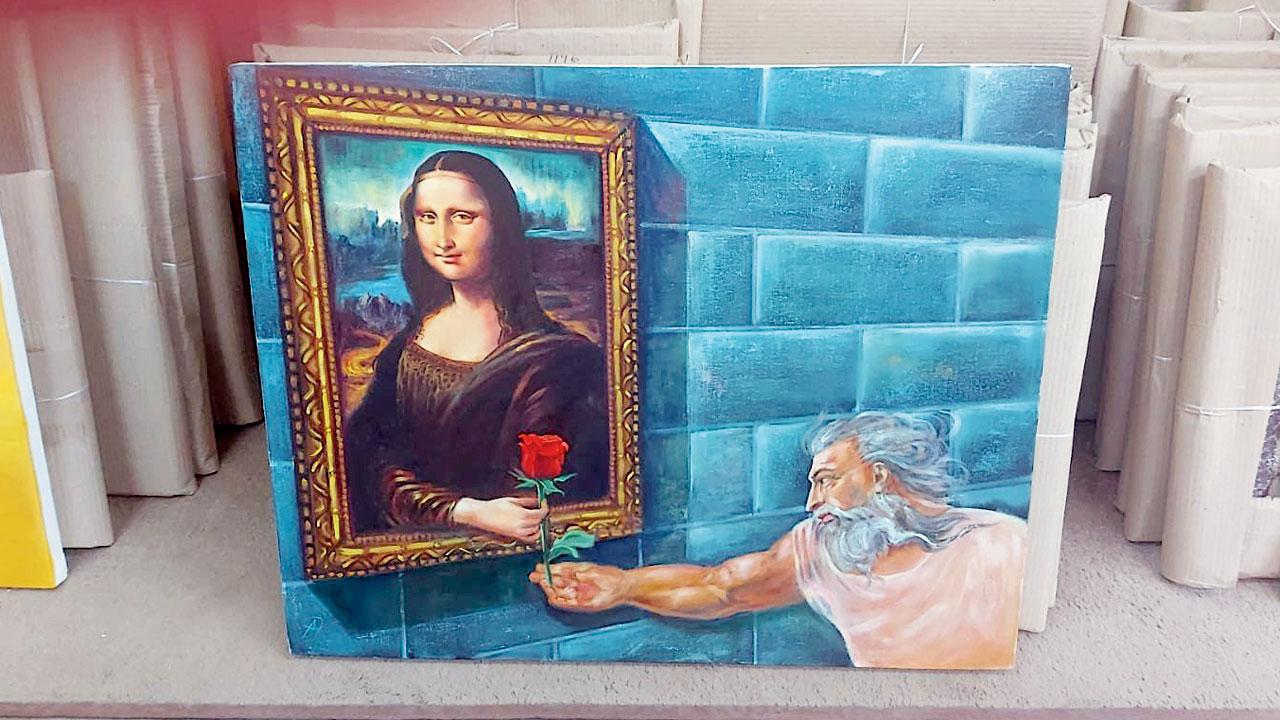 Atul Choudhary’s caricature of Da Vinci offering a rose to Mona Lisa