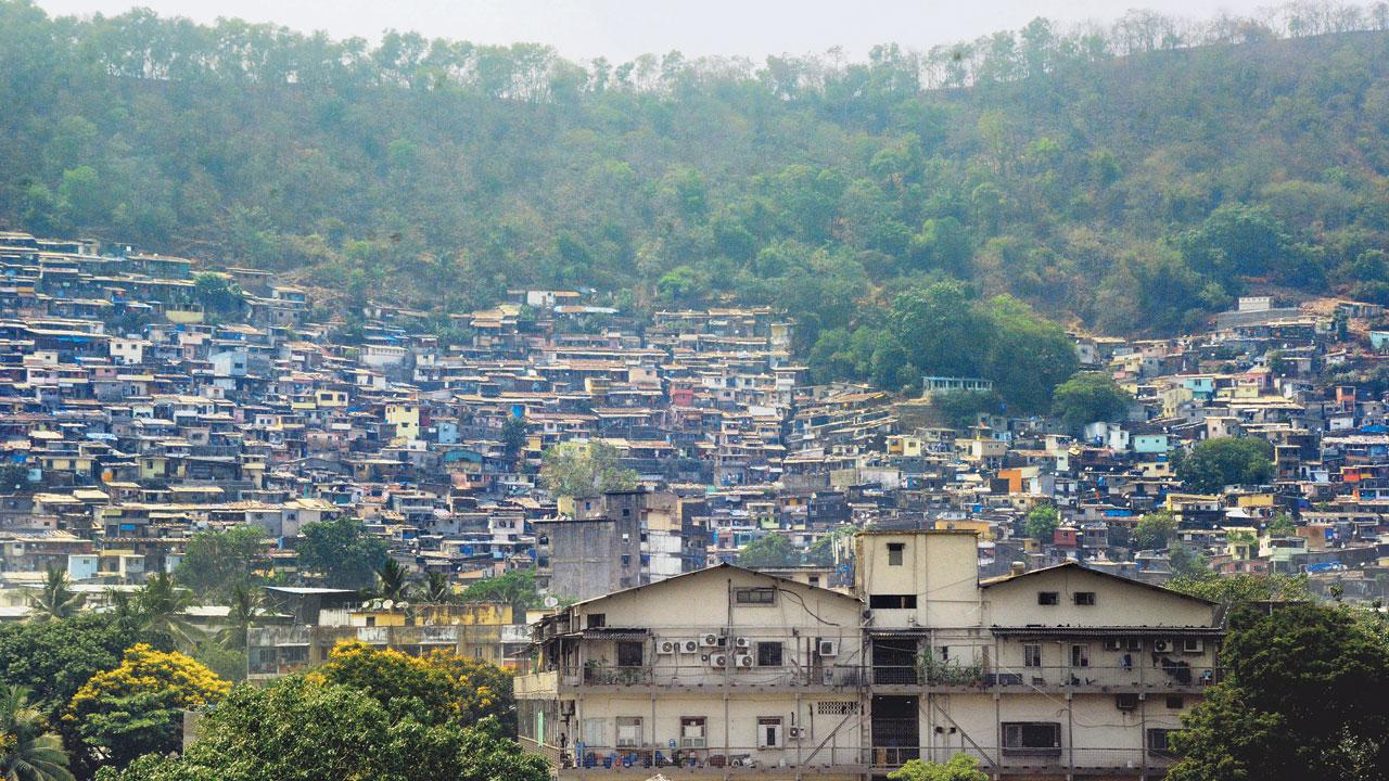 A view of Vikhroli Parksite slum from The Orchard Residency. Residents allege water meant for them is being illegally diverted to these shanties