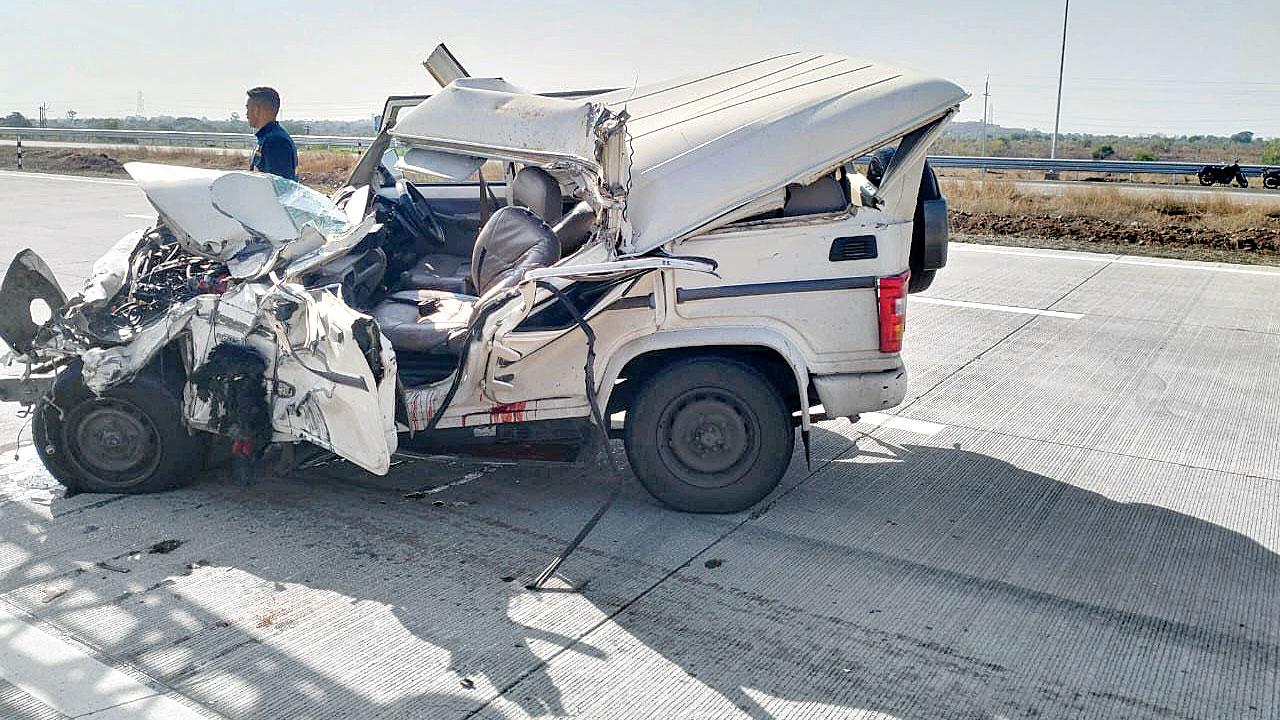 The mangled remains of the car Chauhan was travelling in