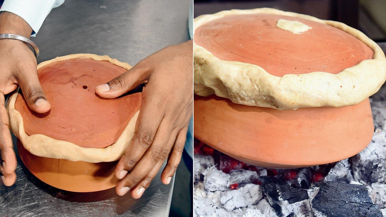 The claypot is air-sealed with a dough strip; (right) It is put on a coal fire and takes about two hours to cook through