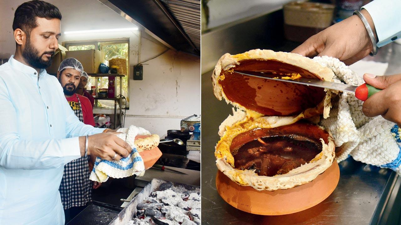 The hot handi is given a shake at regular intervals so that the ingredients at the bottom of the pot don’t overcook; (right) Once cooked, it is opened and served