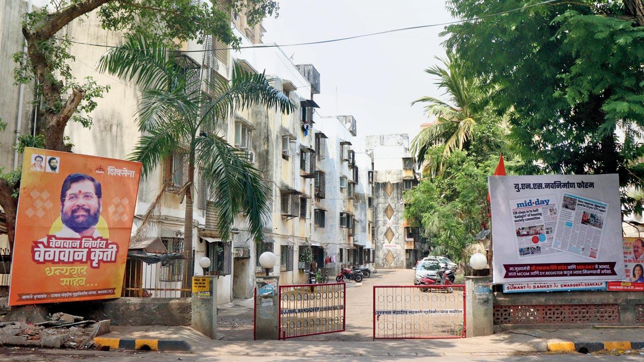 The hoardings put up outside the housing society. Pic/Anurag Ahire