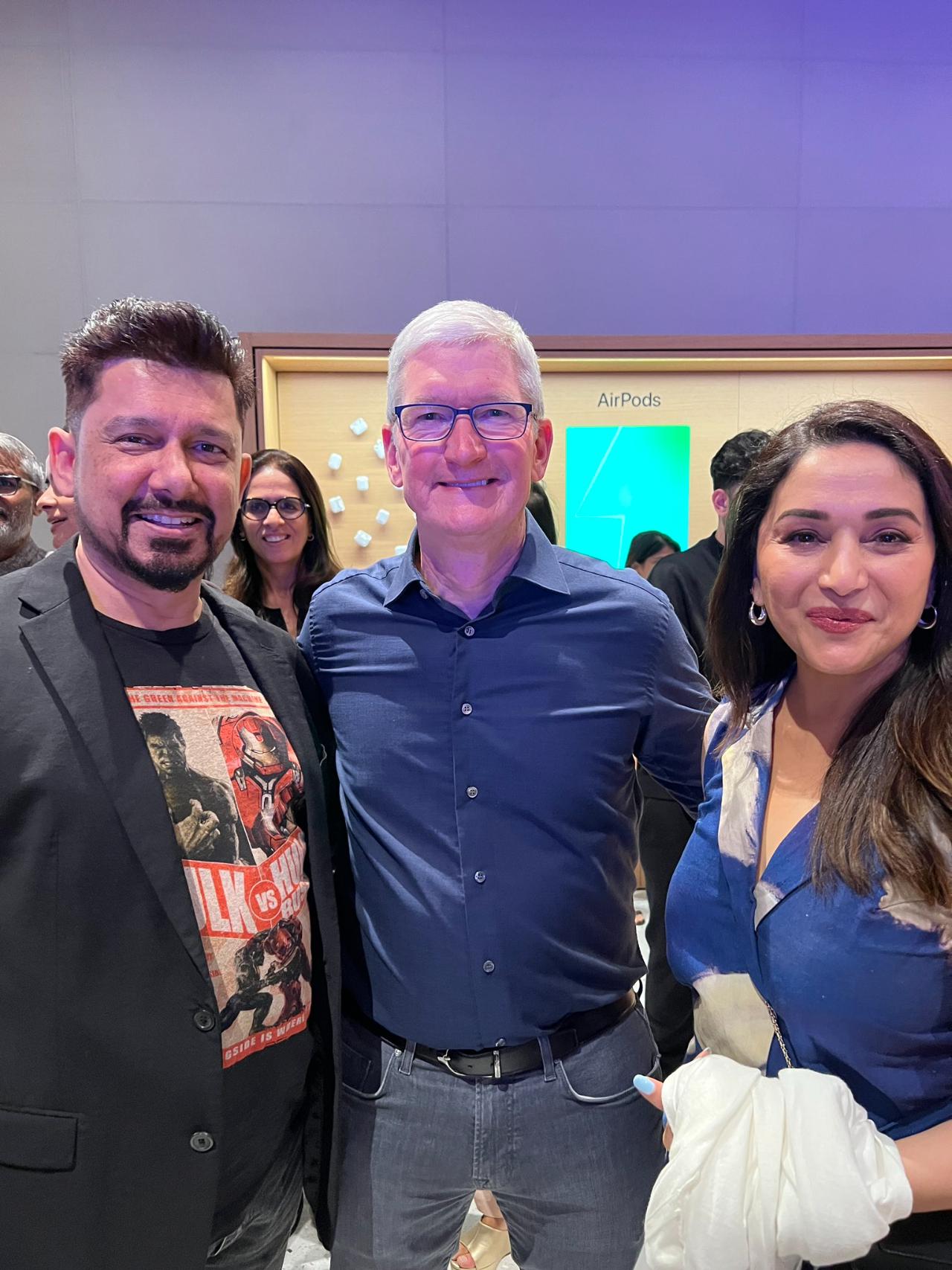 Madhuri Dixit's husband Dr Nene shared a picture posing with the actor and the Apple CEO which he captioned, 