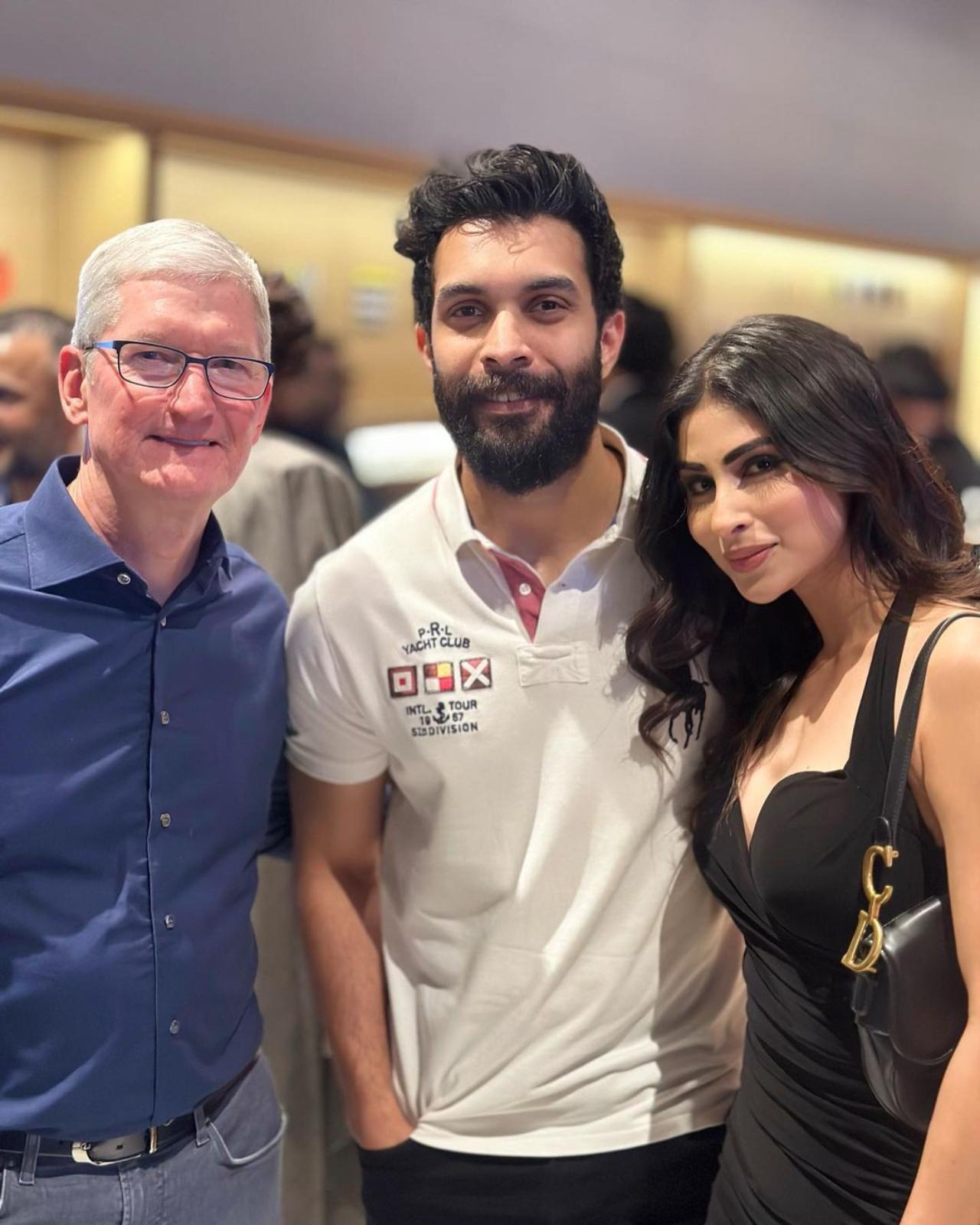 Mouni Roy took to her Instagram handle to share pictures from the event. In the first picture, she and her husband Suraj Nambiar can be seen posing with Tim Cook. Mouni also shared pictures of herself posing with AR Rahman and Madhuri Dixit. 
