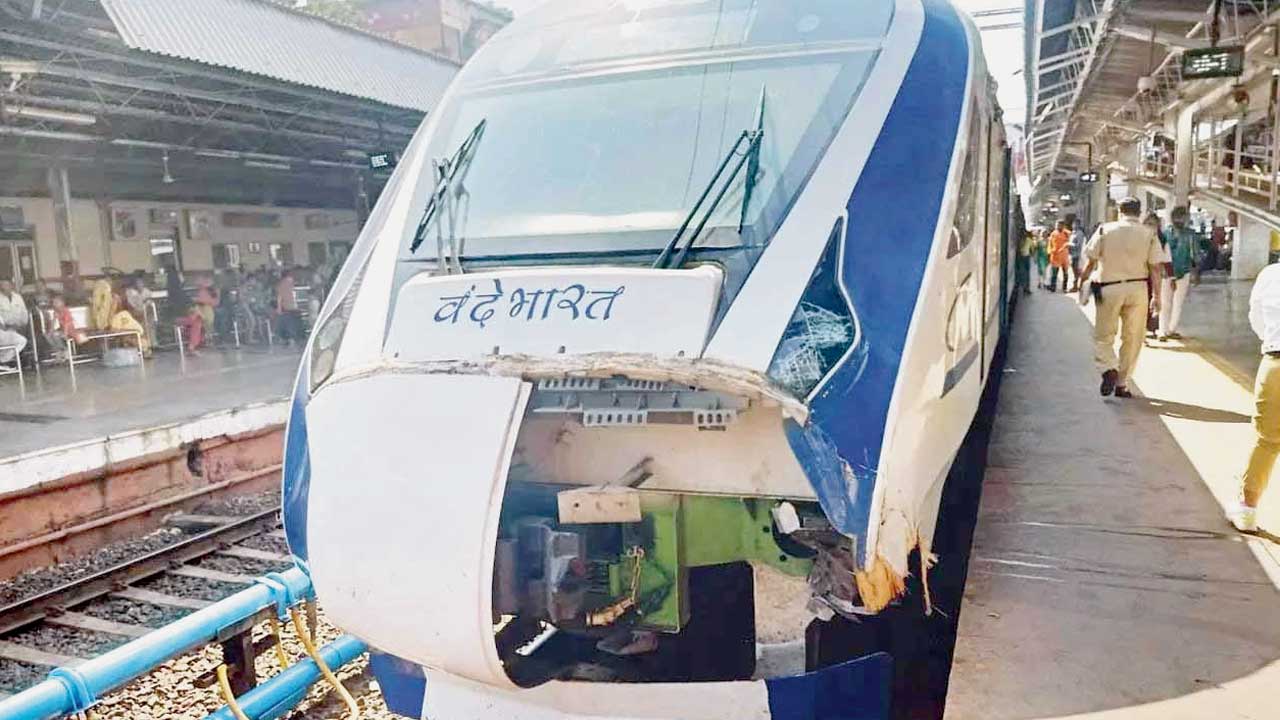 The broken nose of a Vande Bharat Express after it hit cattle. File pic
