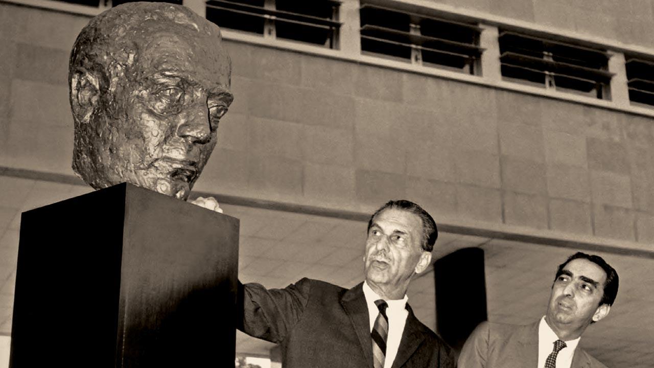 JRD Tata and Jamshed Bhabha with B Vithal’s bust of Homi J Bhabha gifted to TIFR by Tata in 1967, a year after his death 