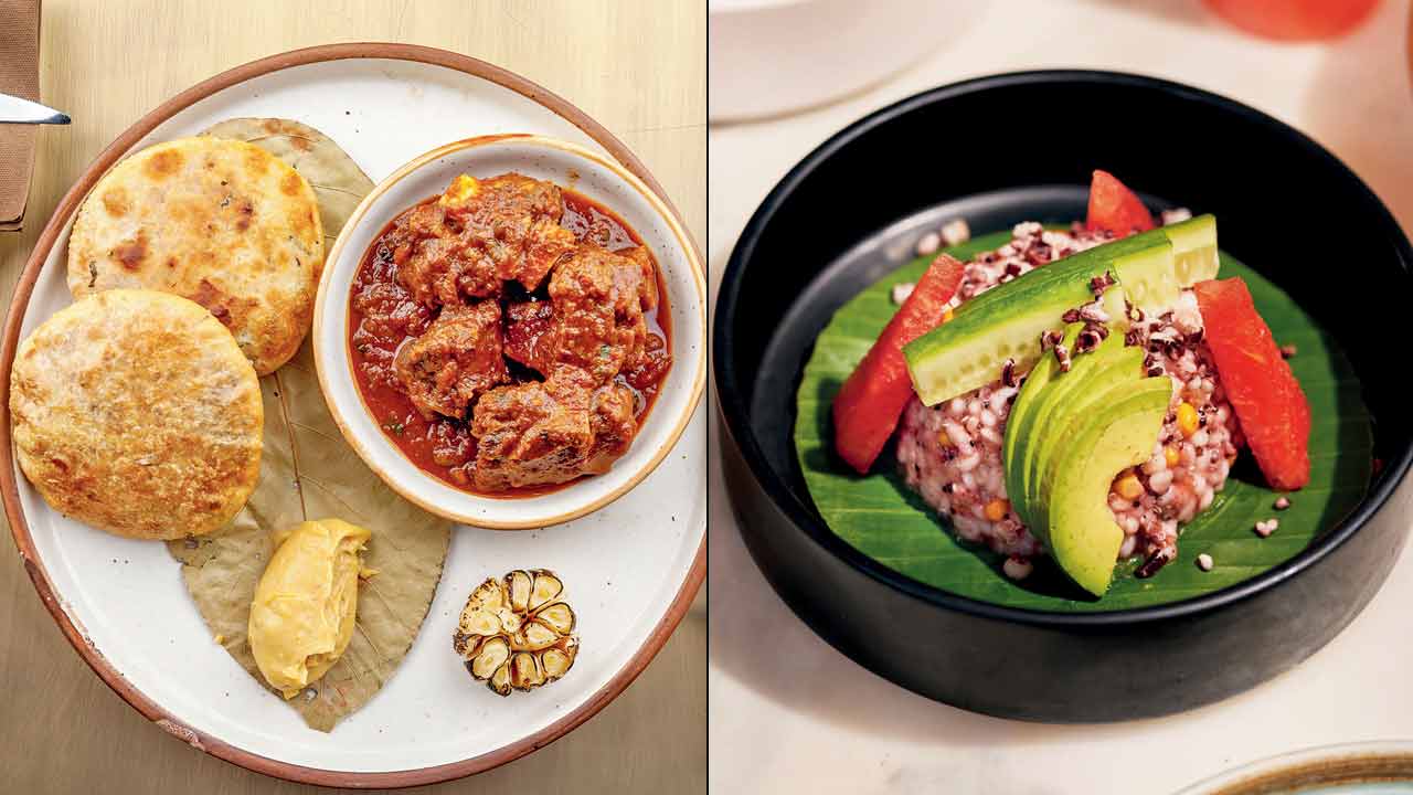 Champaran meat, sattu paratha, ole ki chutney and Barley rainbow quinoa salad