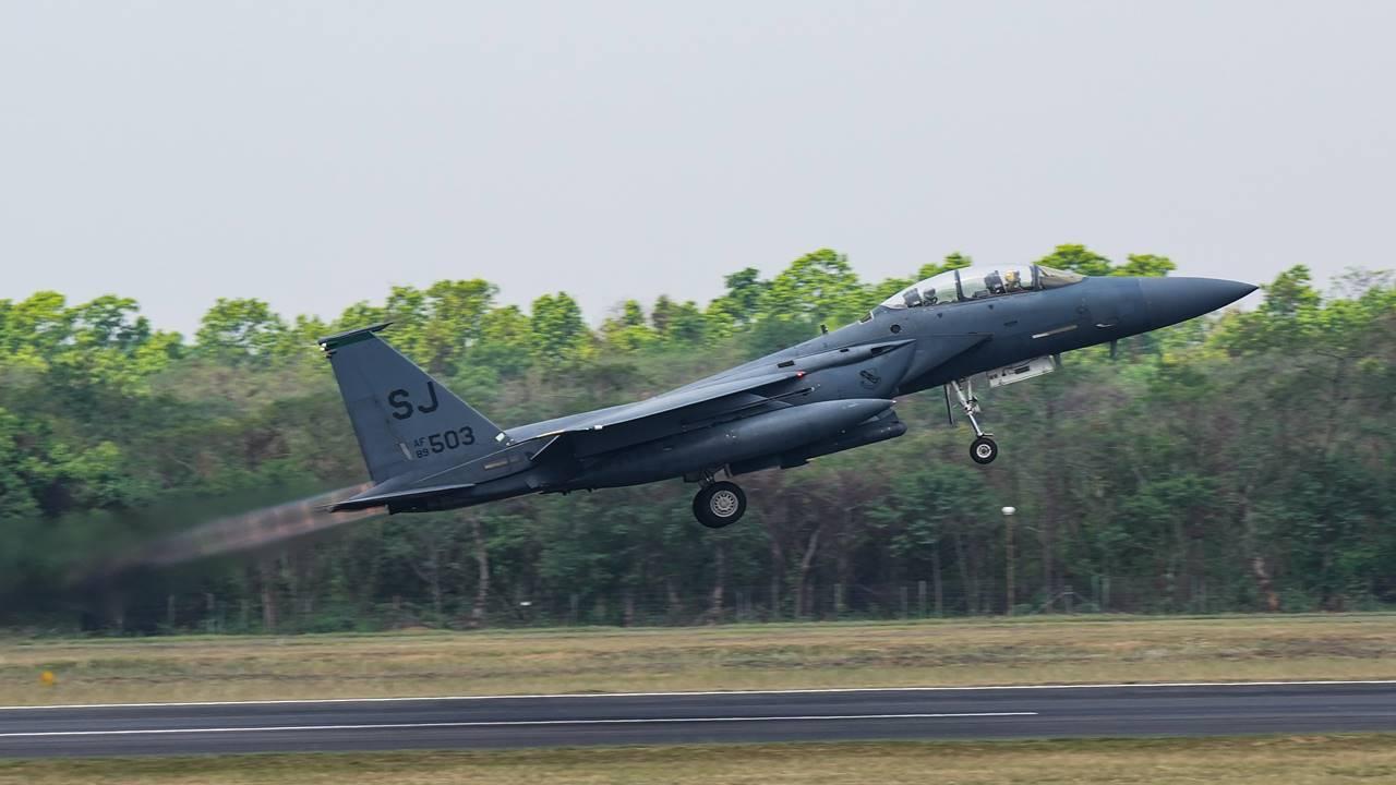 F-15 Eagle fighter jet of United States Air Force takes off during 'Exercise Cope India 2023' - a bilateral exercise between Indian Air Force and US Air Force, at Kalaikunda Air Force Station in West Midnapore district.
