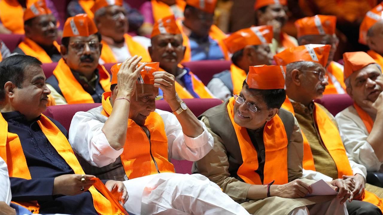 Union Ministers and senior BJP leaders Rajnath Singh, Nitin Gadkari and Piyush Goyal during the party's Foundation Day function, in New Delhi, Thursday, April 6, 2023.