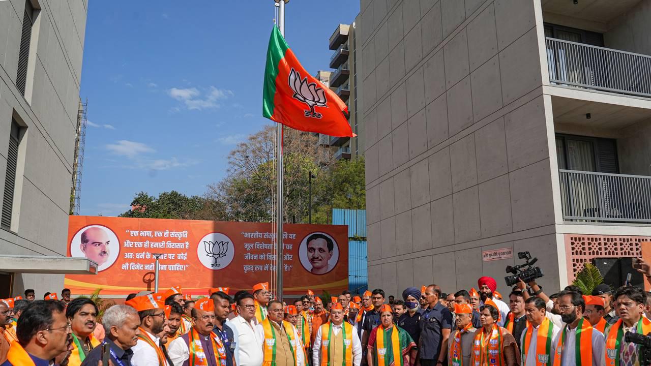 BJP leaders after hoisting the party flag on the occasion of BJP 'Sthapna Diwas' at BJP Central Office in New Delhi.