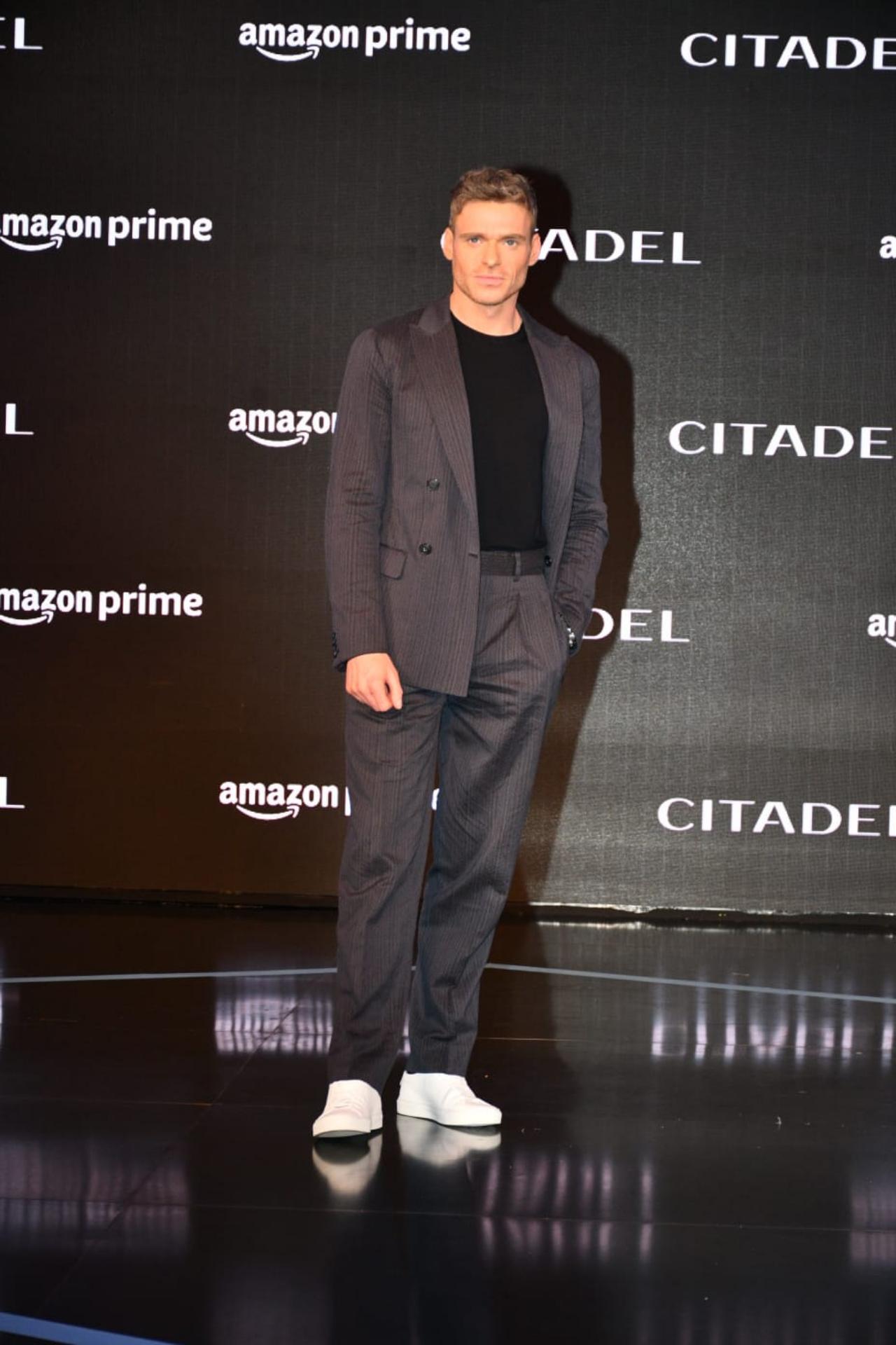 Hollywood actor Richard Madden, on Sunday, arrived in Mumbai to promote his upcoming web series 'Citadel' with his co-star Priyanka Chopra. The actor was spotted at the Kalina Airport donning a black t-shirt and black shades. He was surrounded by his security. Several photos and videos of the actor surfaced online soon after he arrived at the airport.