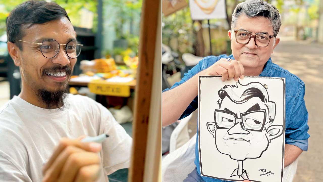 Debayan Ghosh (left); Gajraj Rao with his caricature. Pic/@carrythecaricature 