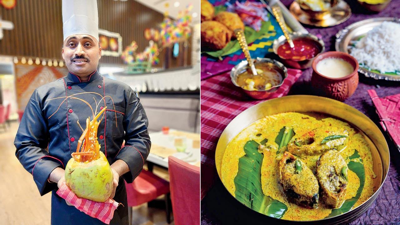 Chef Partho with a serving of daab chingri; shorshe ilish