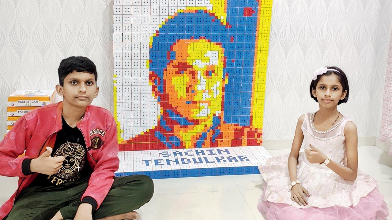 Siblings Annie (right) and Ethan (left) created the mosaic of Sachin Tendulkar in three hours to celebrate his 50th birthday