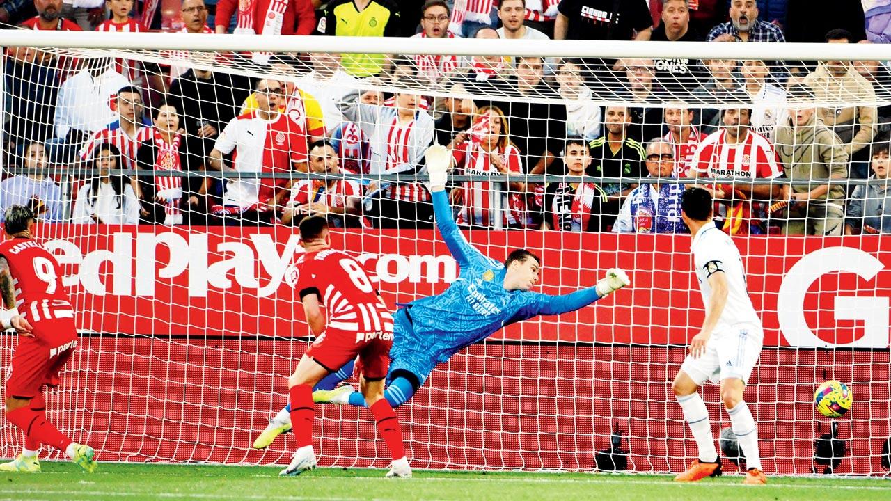 Girona’s Taty Castellanos (left) celebrates one of his four goals against Real Madrid. Pic/AFP