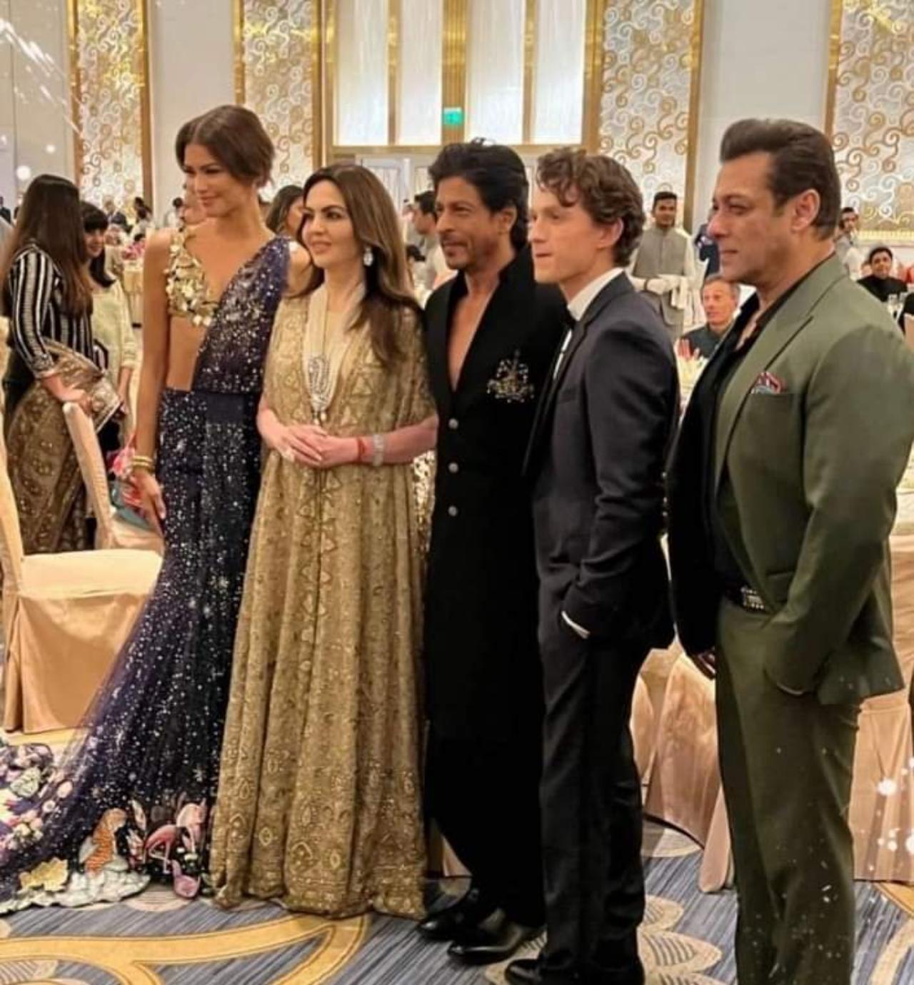 Shah Rukh Khan and Salman Khan came together and posed with the Spider-Man stars Tom and Zendaya. Khan also did a special performance on his hit song 'Jhoome Jo Pathaan'