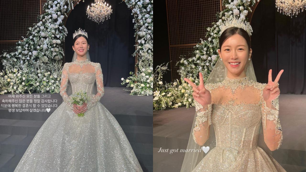 Lee Da-in, on the other hand, made for a dreamy bride in a white ballroom gown. The intricately designed gown was complemented with a long veil and a princess tiara