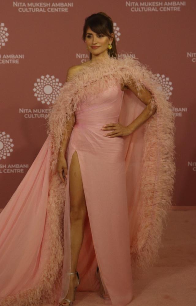 Penelope Cruz looked gorgeous as ever in a baby pink gown with a side slit for the pink carpet at NMACC gala