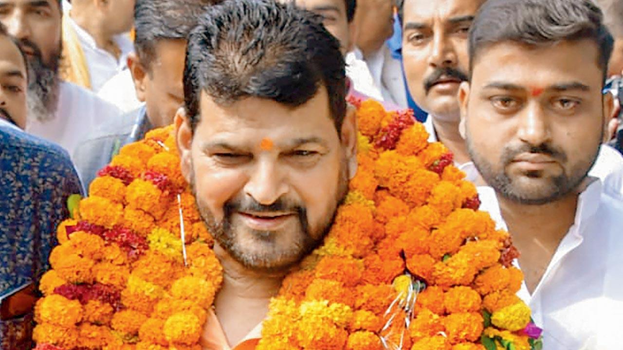 WFI chief Brij Bhushan Singh during an interaction with the media. Pic/PTI
