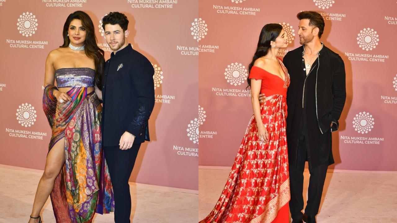Priyanka looked ravishing in a custom ensemble designed by Amit Aggarwal, which featured a vibrant statement skirt with a thigh-high slit made from a vintage Banarasi Brocade Saree. Meanwhile, Nick Jonas looked dapper in a navy blue velvet jacket paired with dark blue pants and a shirt, creating a sleek and sophisticated look. Saba looked in stunning outfit blended a vintage Banarasi brocade designed with gold threads and a structured body in a floor-length dress featuring a striking combination of red and silver. Hrithik Roshan complemented the attire with a dapper black jacket and matching pants, exuding a sense of sophistication and style.
 
