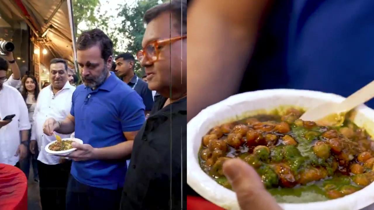 What is a trip to Old Delhi without devouring golgappas? The crispy and savoury item is dipped in spicy water made from mint leaves in some places and in some places, it is jaljeera pani or hing pani or amchur (dried mango) pani. Here, Rahul Gandhi can be seen enjoying a plate full of Golgappa dipped in mint leaves. Photo Courtesy: Kunal Vijaykar