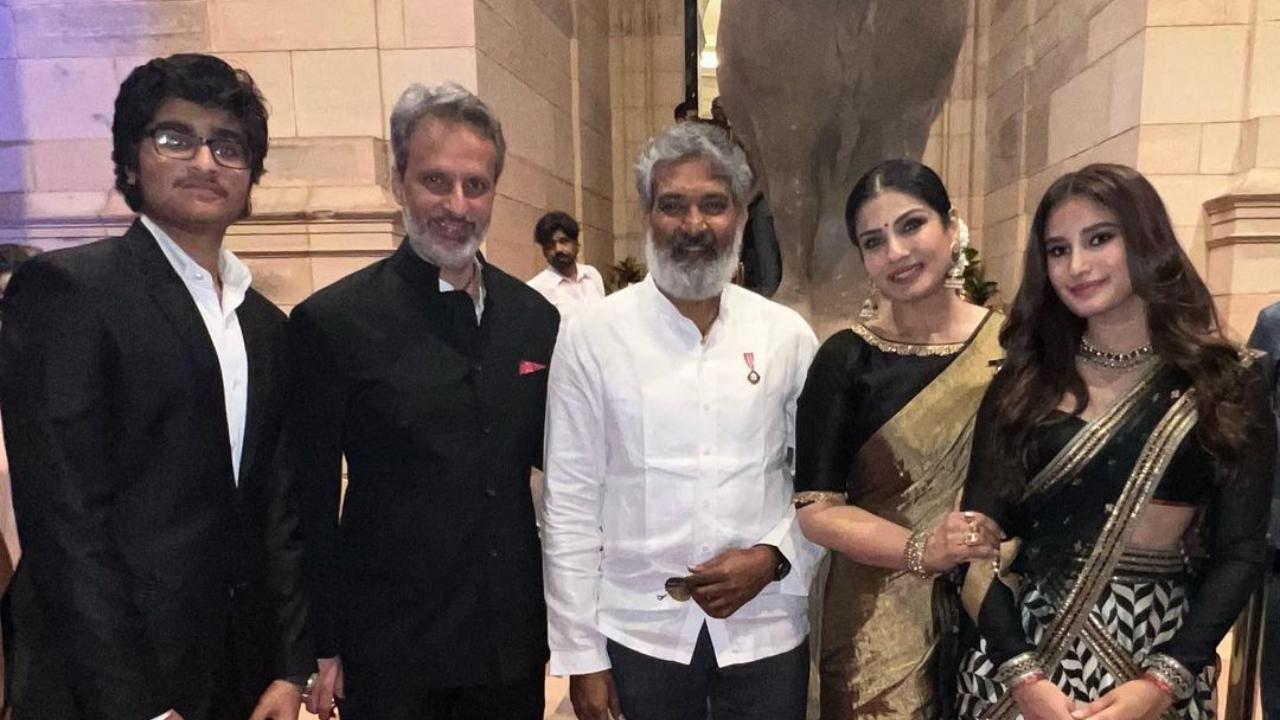 Raveena Tandon poses with SS Rajamouli at Padma Awards 2023